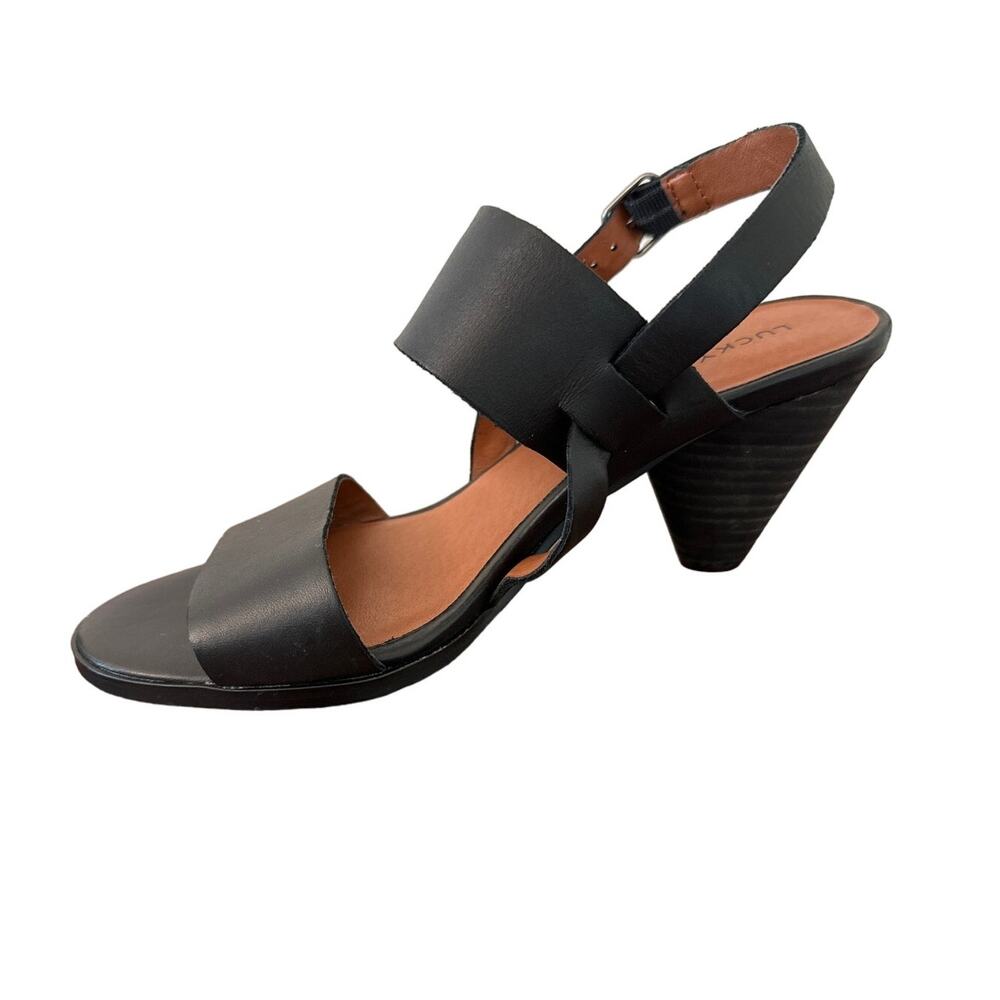 Lucky Brand Black Leather Veneesha Heeled Sandals Size 7.5